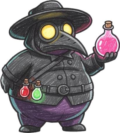 plague doctor with glowing vials