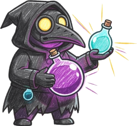 plague doctor with glowing vials